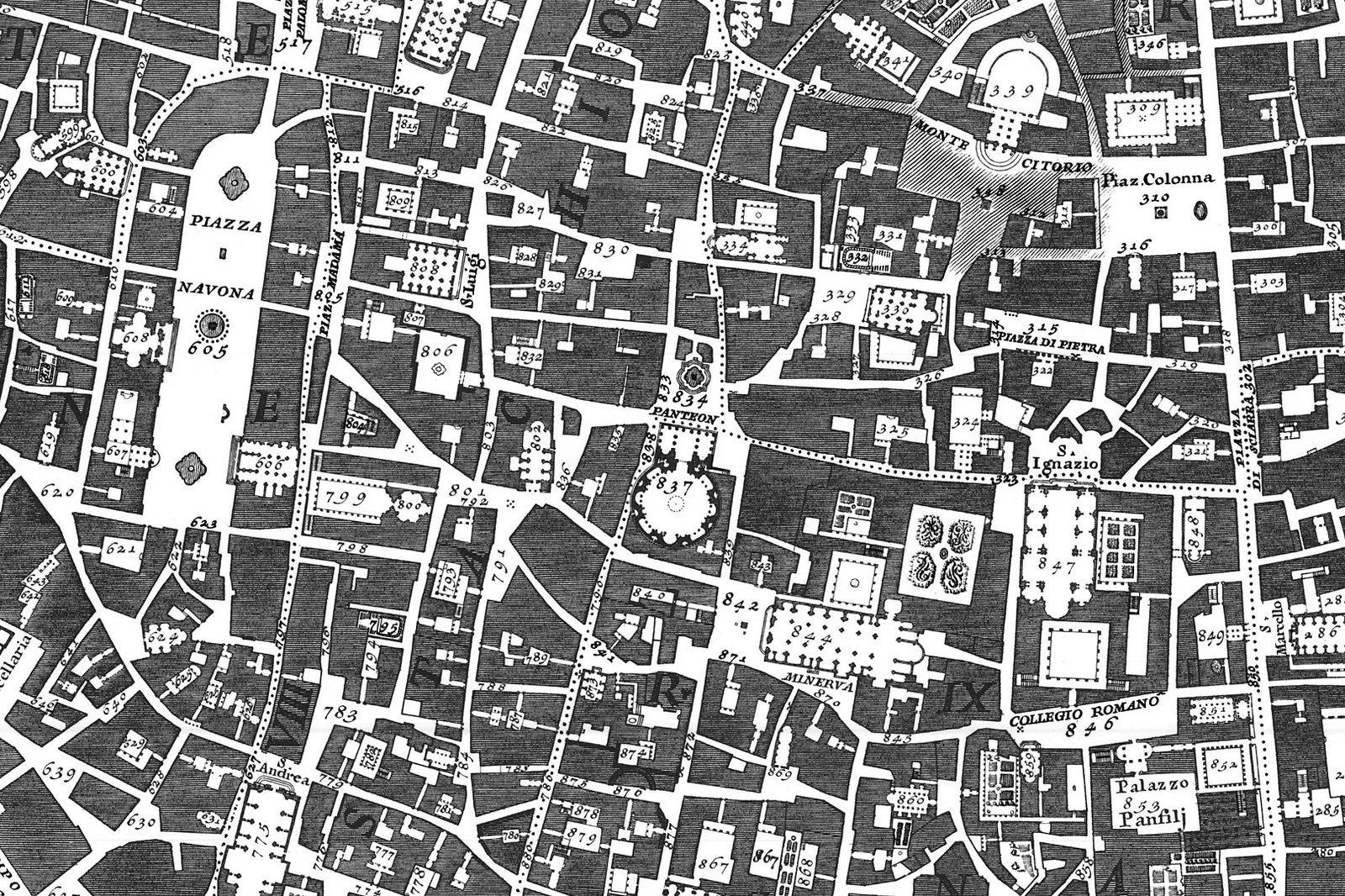 Detail of Nolli's 1748 plan of Rome: buildings hatched dark, streets, squares and church interiors left white, with Piazza Navona and the Pantheon
