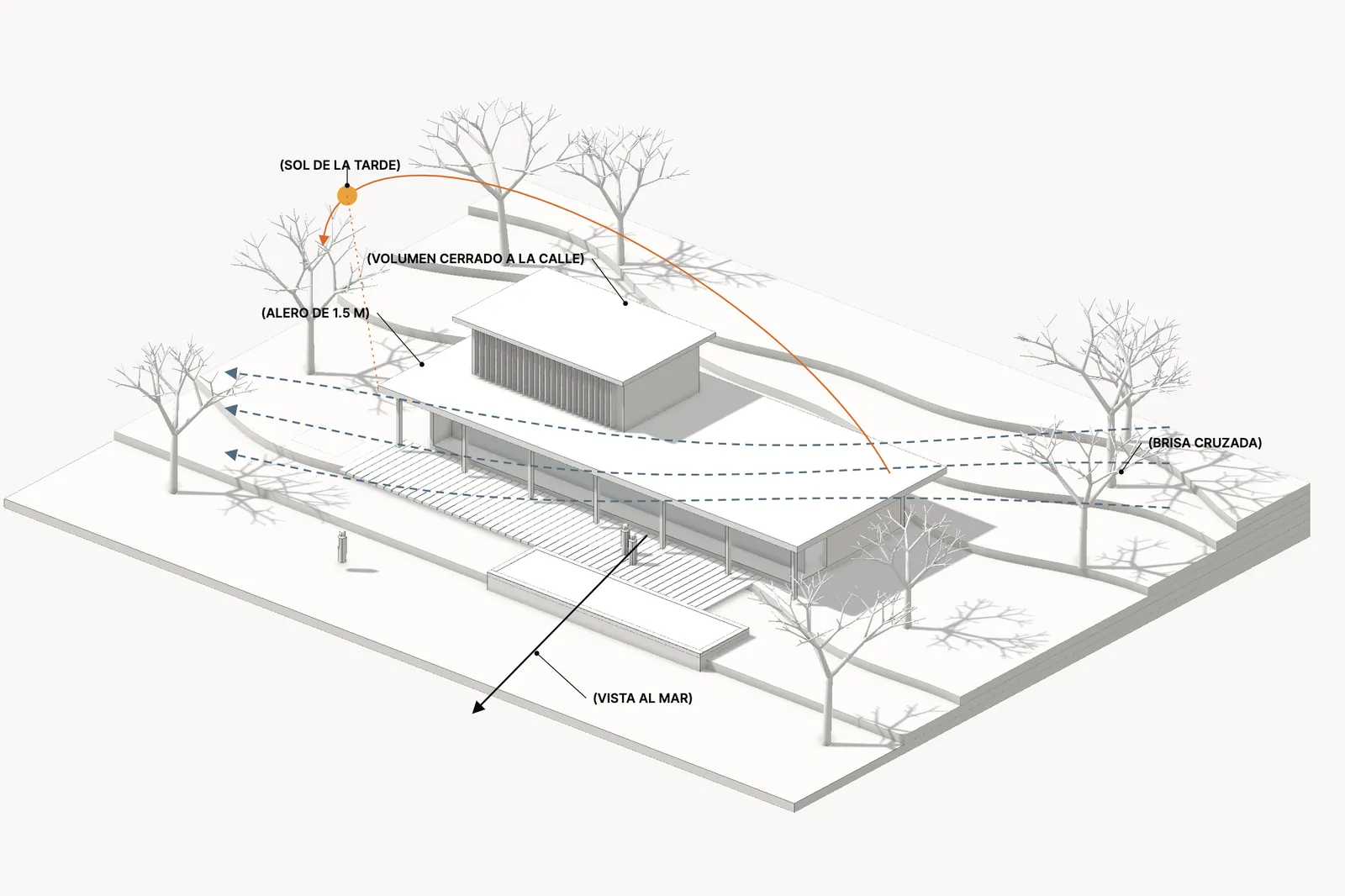 Maqueta blanca de una casa sobre curvas de nivel, con árboles de ramas y diagramas de la brisa cruzada, el sol de la tarde y la vista al mar