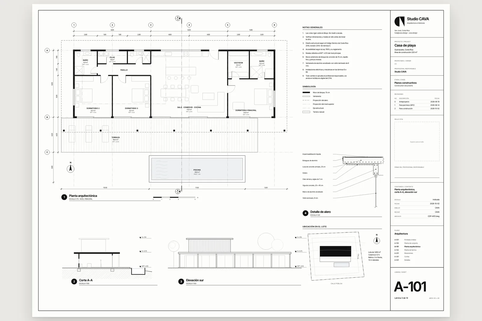 A 30 by 40 drawing sheet with the studio's title block: floor plan, section, elevation, roof edge detail and a box for the CFIA stamp