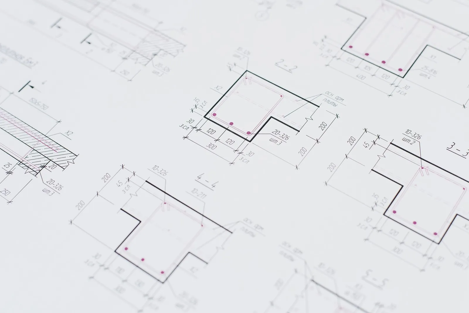 Close-up of plan linework with red column marks