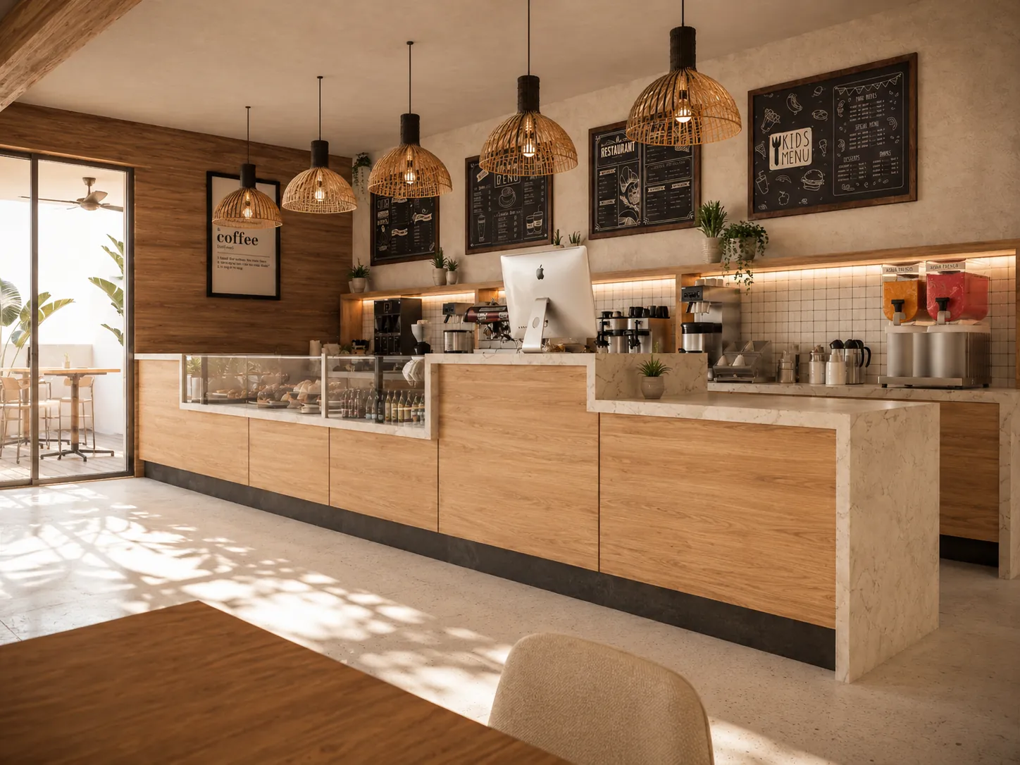 Café counter in timber and stone under woven pendant lamps