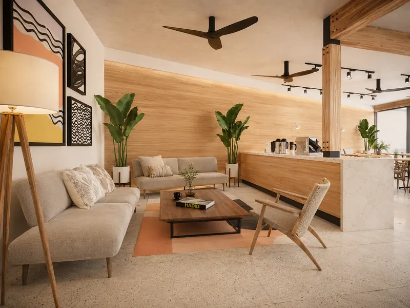 Café seating area with timber panelling, a low sofa and graphic prints