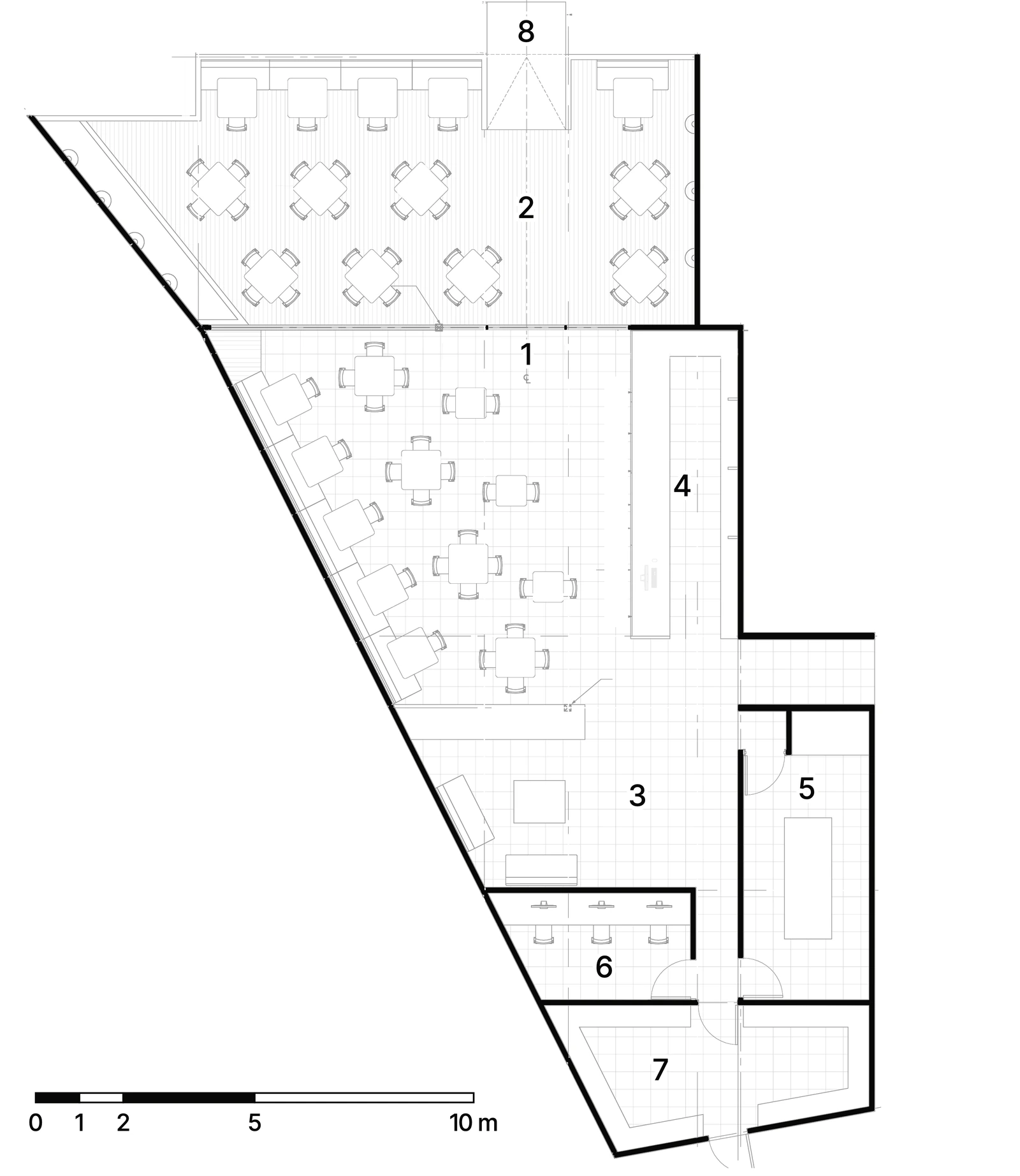 Floor plan of the bakery, numbered: the entrance and terrace with its tables, the lounge along a long diagonal wall, the counter, the kitchen, the office and the cold room