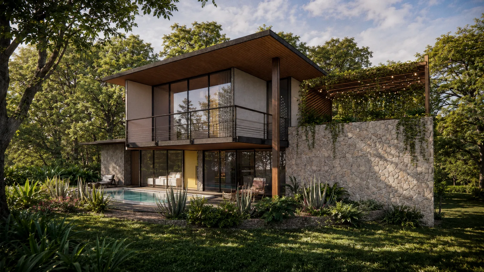 Two-storey house with a stone wall, a glass balcony and a pool among trees