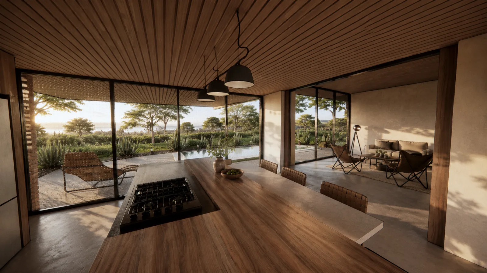 Kitchen island under a timber ceiling with garden views on both sides