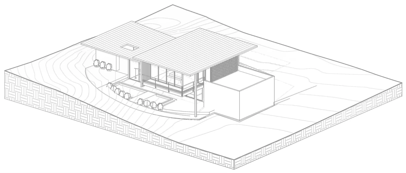 Axonometric view of the house on its site from the garden side, with the terraces and the pool