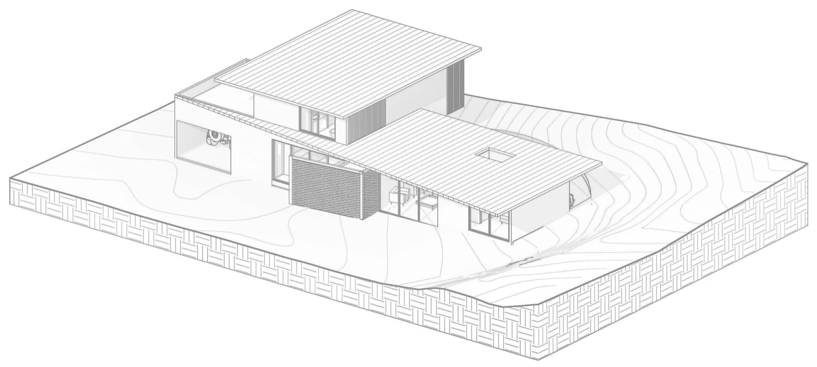 Axonometric view of the house on its site from the arrival side, with the brick screen and the upper volume