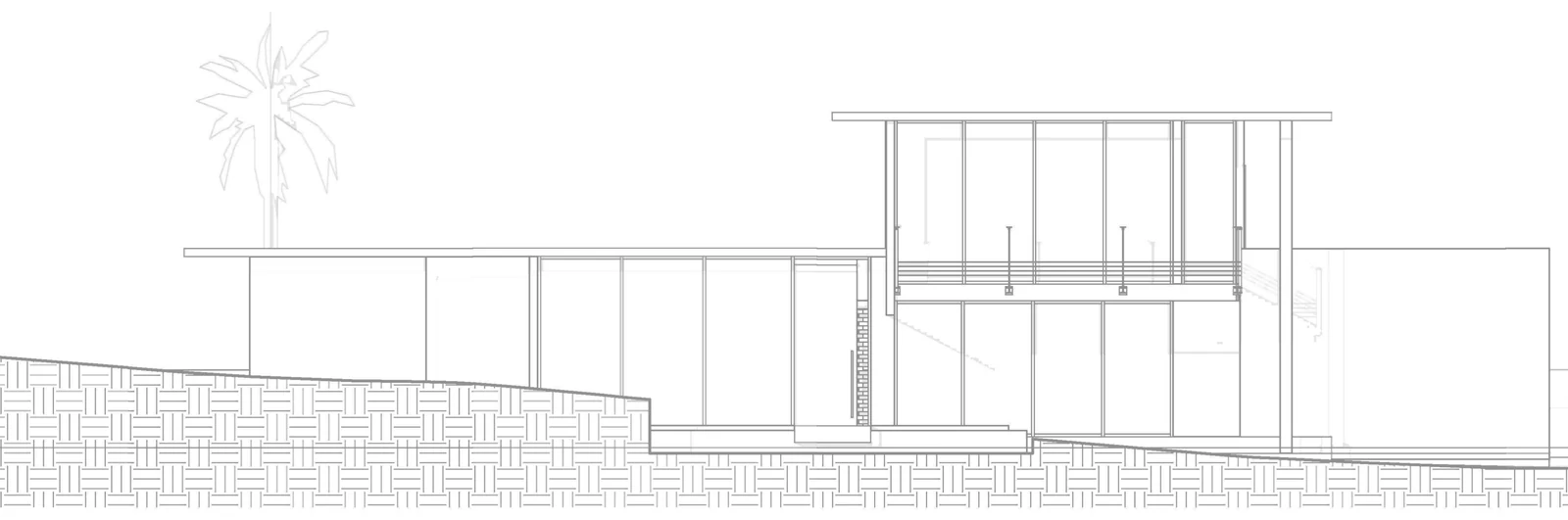 Elevation: the long single-storey wing and the two-storey volume, following the slope of the site