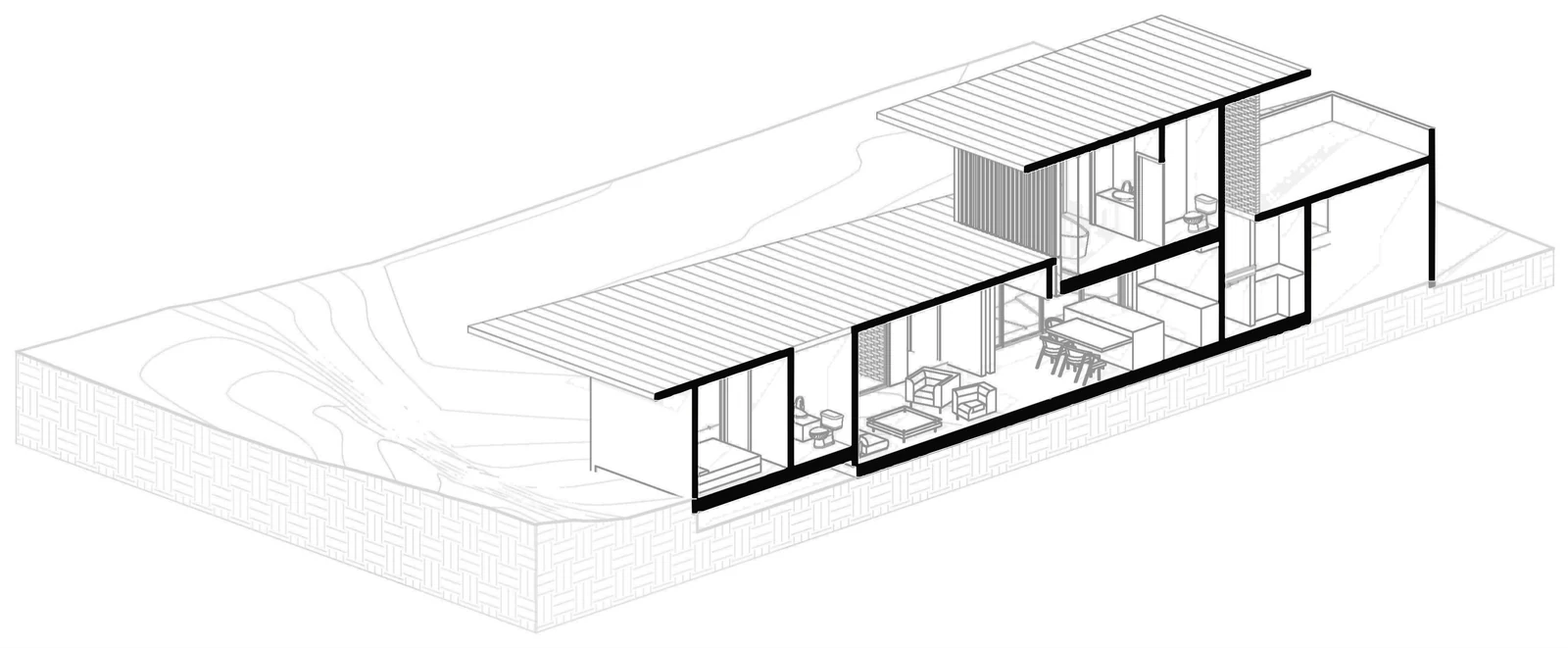 Axonometric section along the house: the living room, dining and kitchen below, the main bedroom above, under two timber roofs