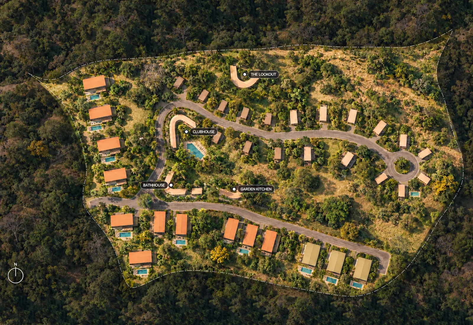 Collage of the master plan over an aerial of the land: houses with pools along a road that ends in a turning circle, the shared buildings among the trees and the boundary as a dashed line