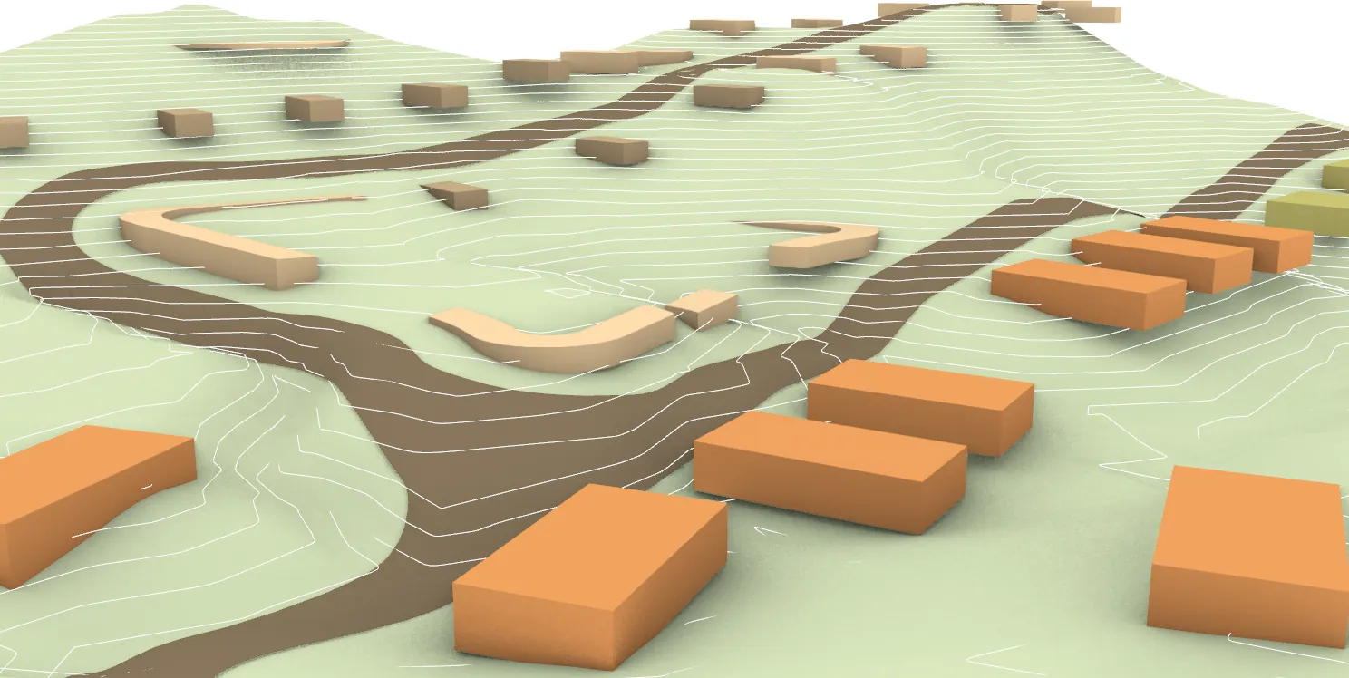 Massing model at eye level: the road curving between rows of houses down the slope