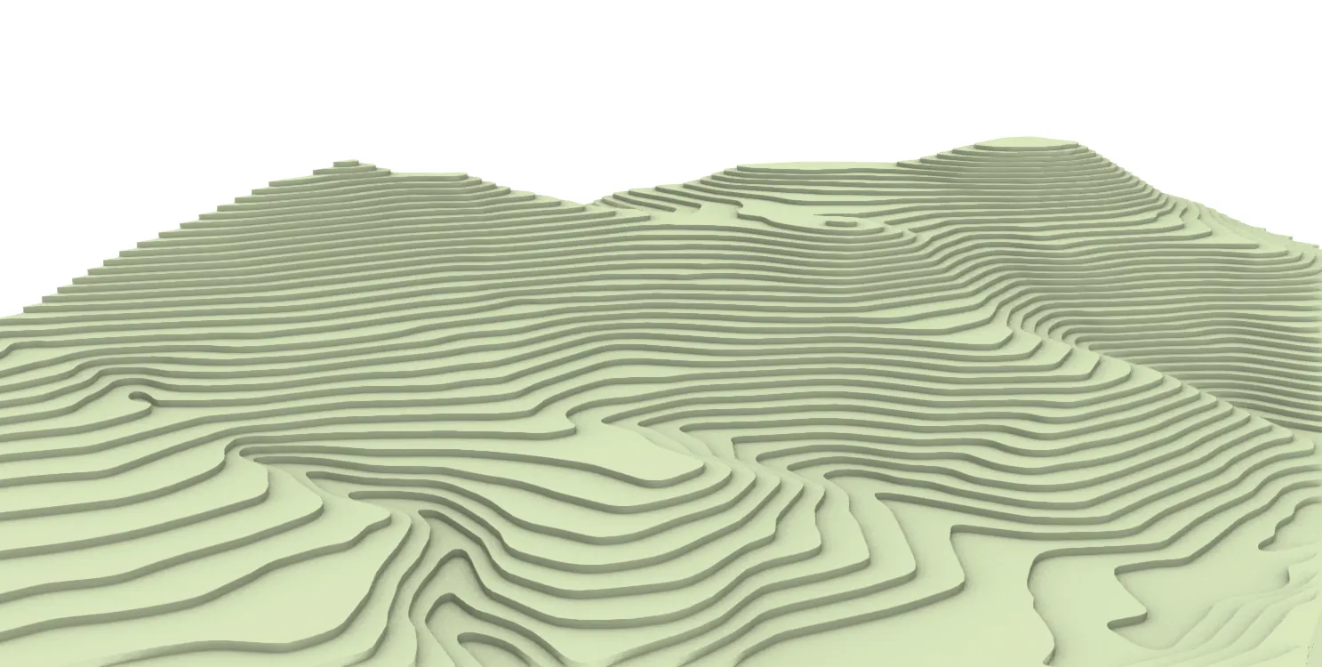 The land modelled as stepped contour terraces, rising to a ridge