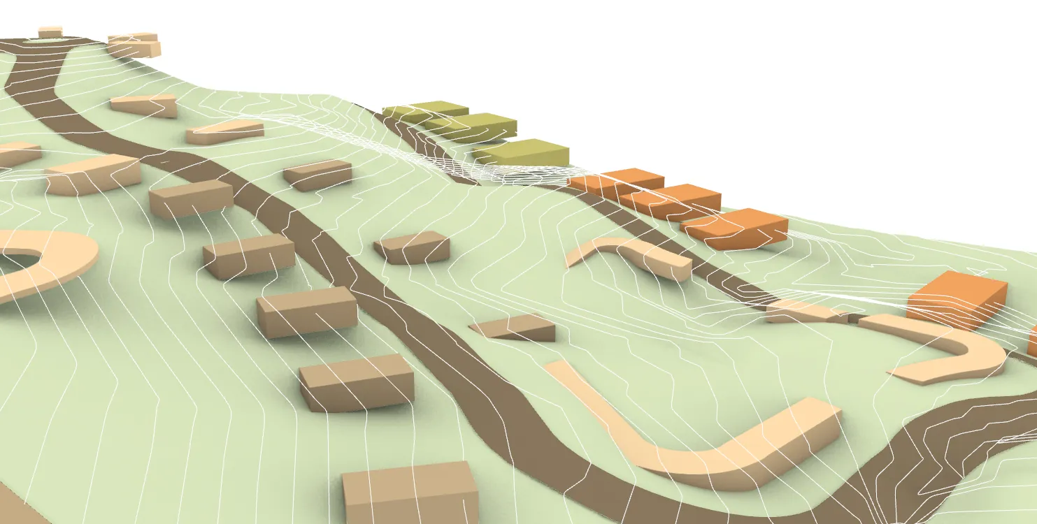 Massing model at eye level: houses on both sides of the road as it climbs the land