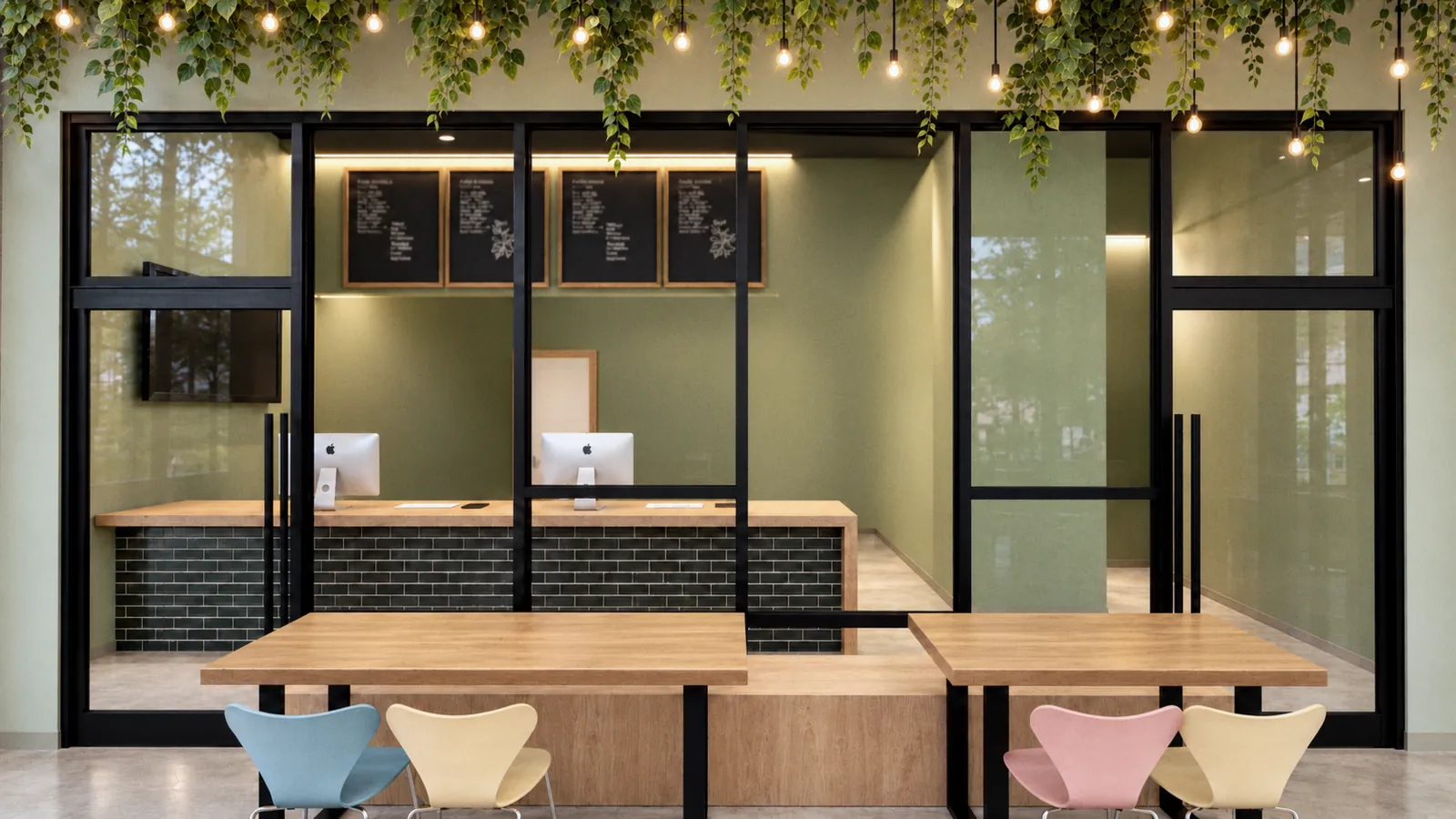 The counter seen straight on: menu boards, a green-tiled bar and timber tables under hanging plants