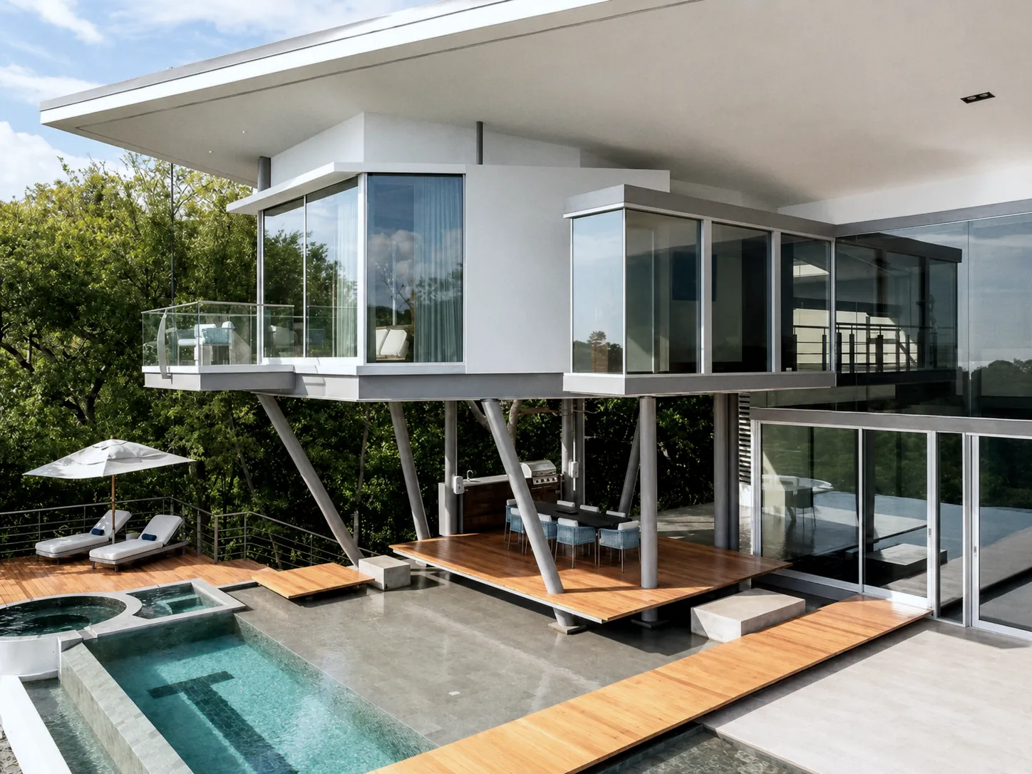 White cubic house raised on slender steel columns above a pool deck
