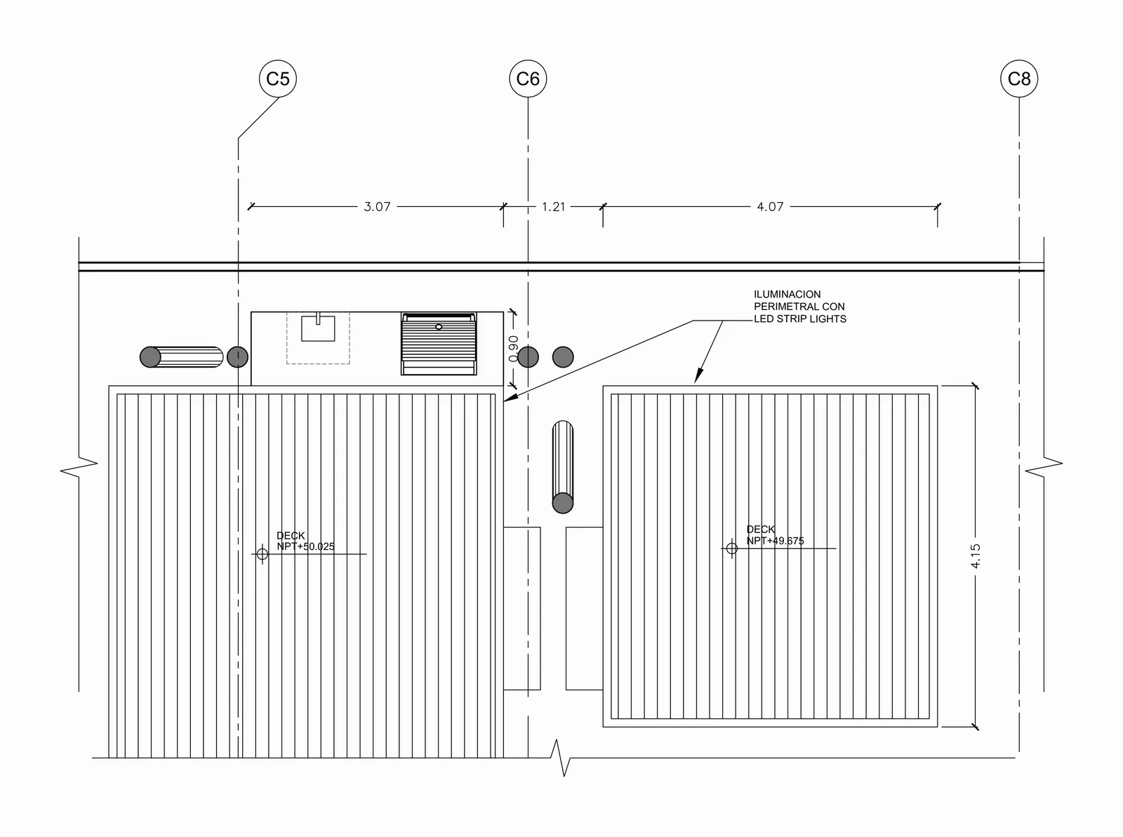 Plan of the outdoor kitchen: the grill and sink counter between two timber decks at different levels, with perimeter LED lighting