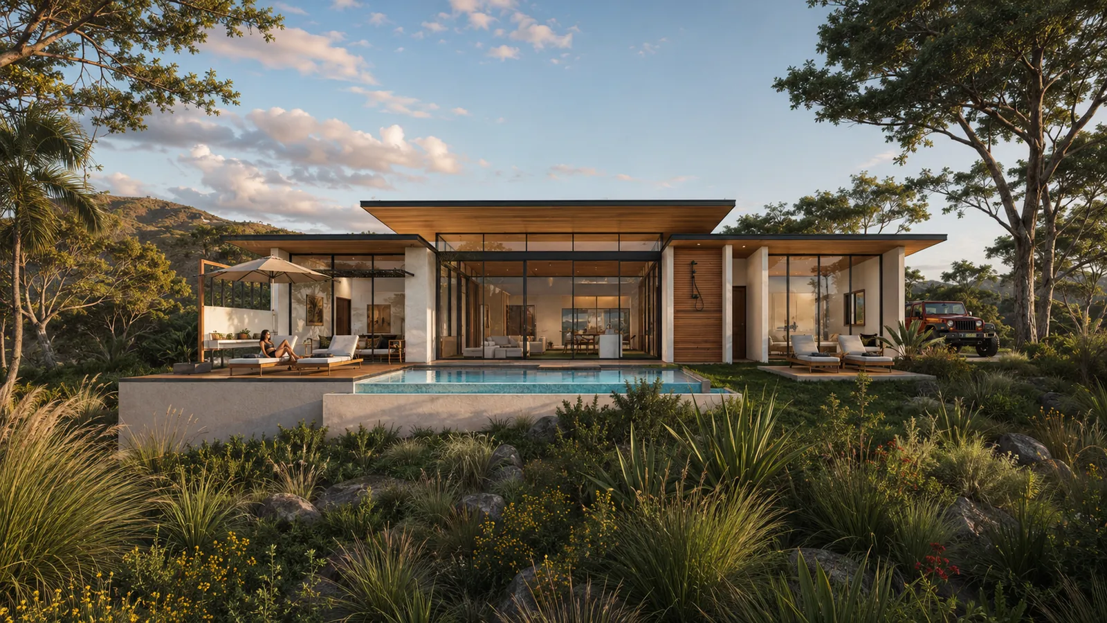 Single-storey pool house under a deep flat roof, looking over a bay