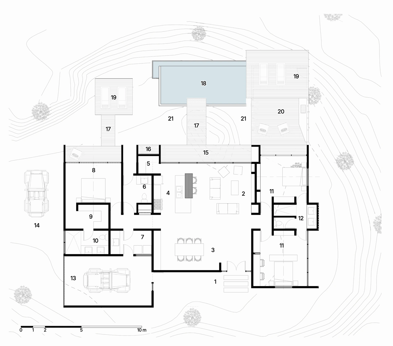 Floor plan of the house, numbered: living, dining and kitchen in the middle, the main bedroom and garage on one side, two bedrooms on the other, and decks and catwalks out to an infinity pool and a gazebo, over the contour lines of the site