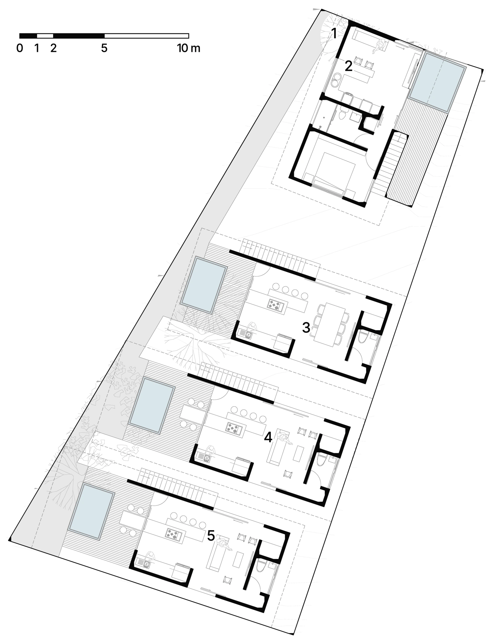 Site plan, numbered: four houses in a row down a narrow sloping lot, each with its own pool, reached from a shared entrance at the top