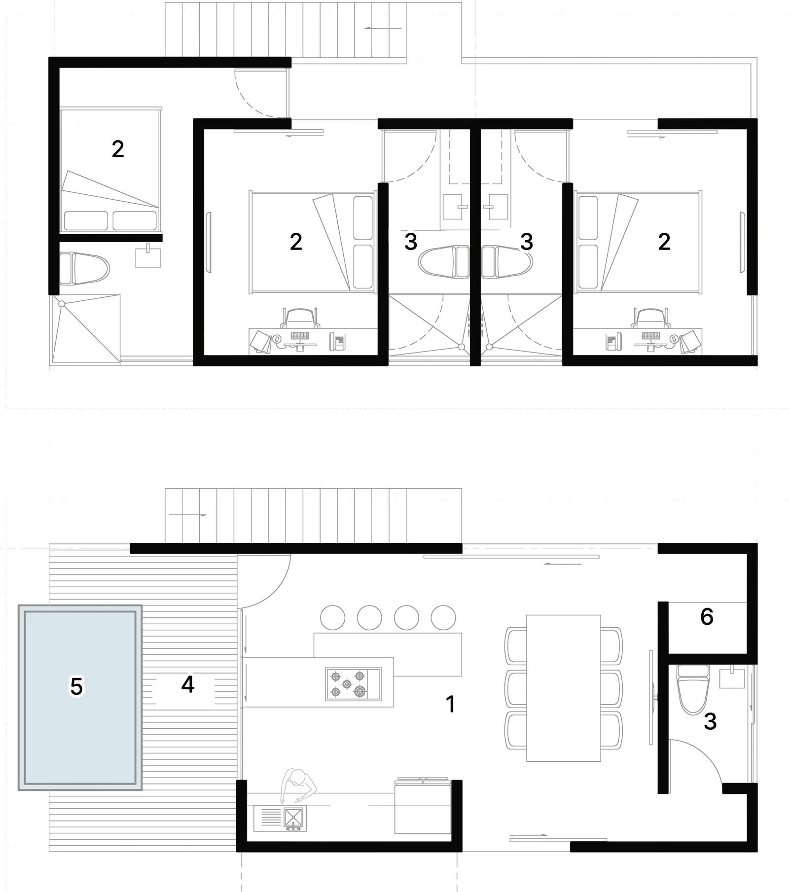 Plans of house B on two levels: the open living area with the pool and terrace below, three bedrooms and two bathrooms above
