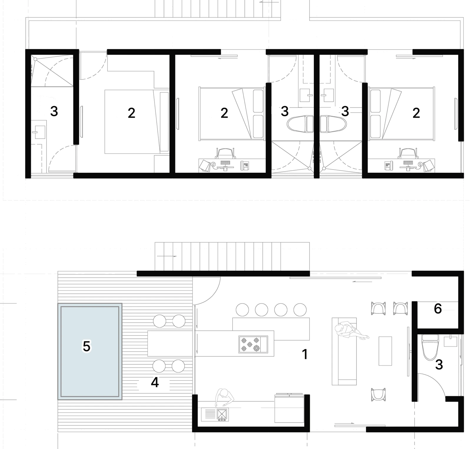 Plans of houses C and D on two levels: the living area with the pool and terrace below, three bedrooms and three bathrooms above