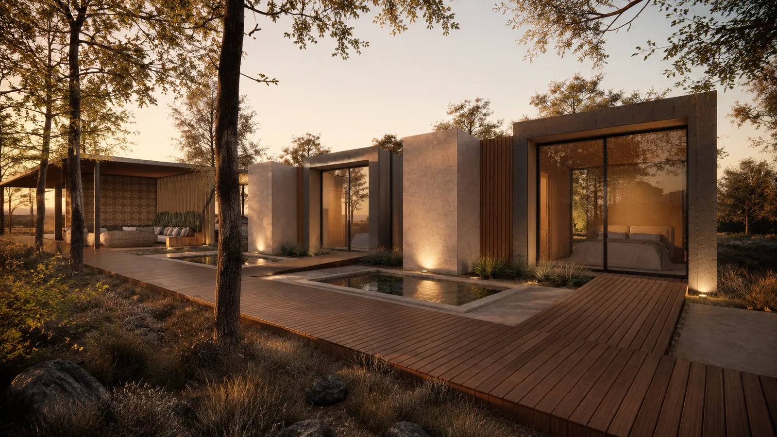 Pavilion house with a timber deck and a reflecting pool among trees at dusk