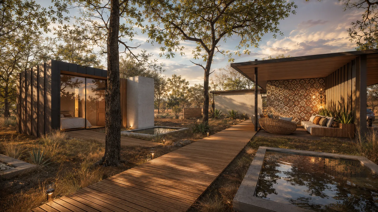 Timber boardwalk to a pavilion with a perforated screen wall and a pool