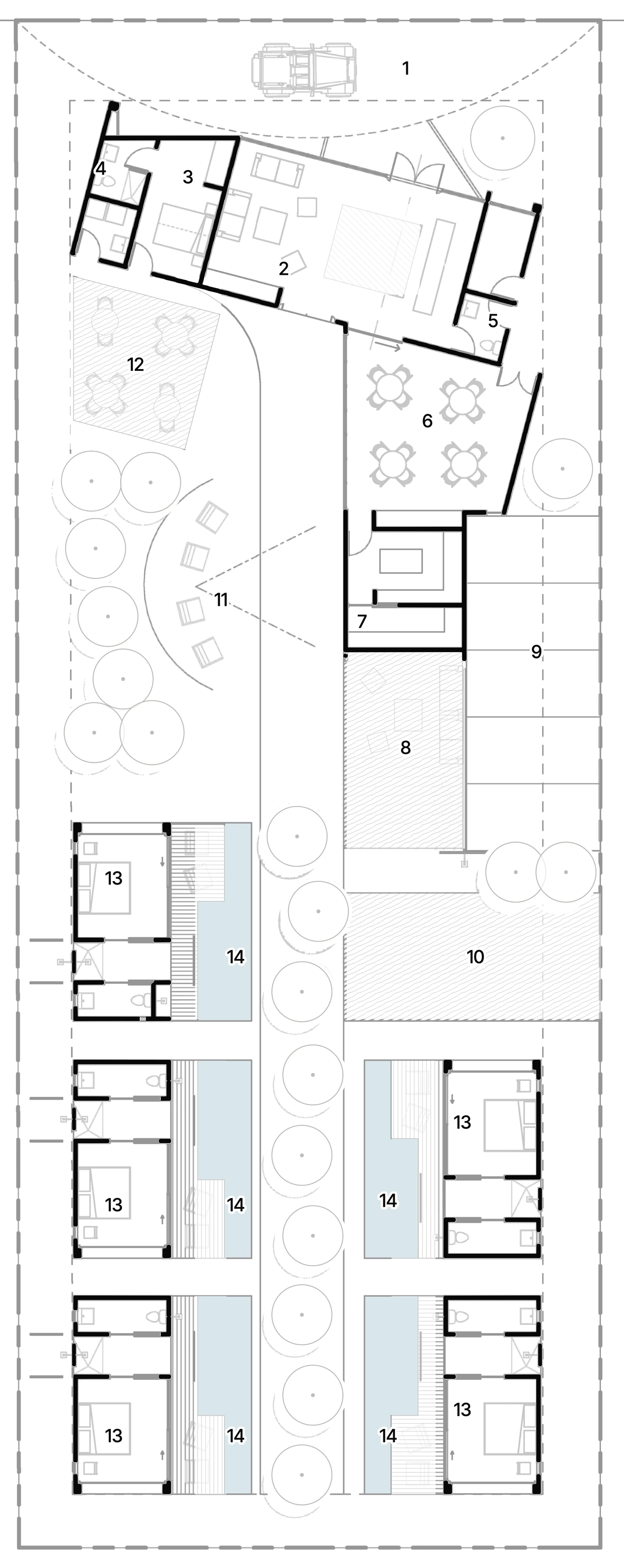 Site plan of the retreat on its long lot, numbered: the drop-off and lobby by the road, the restaurant, kitchen and outdoor cinema in the middle, and five cabins with plunge pools along a row of trees